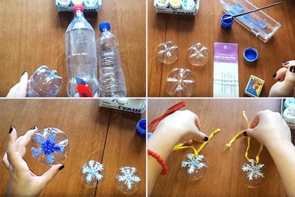 Kalėdų eglutės žaislo su snaigė gamyba iš plastikinio butelio
