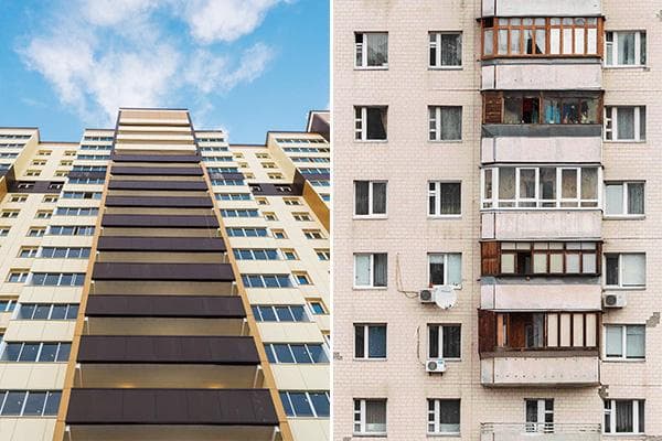 Naujas pastatas ir senas skydinis namas