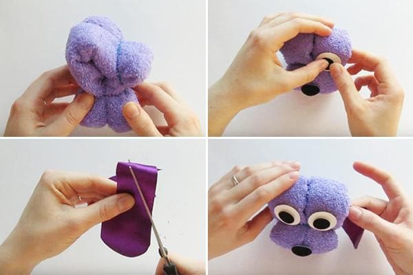 Šuniuko figūrėlės gaminimas iš rankšluosčio ir satino juostelės