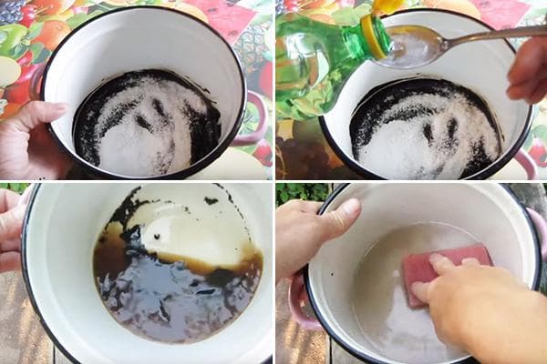 Anglies nuosėdų pašalinimas iš keptuvės dugno su soda ir actu