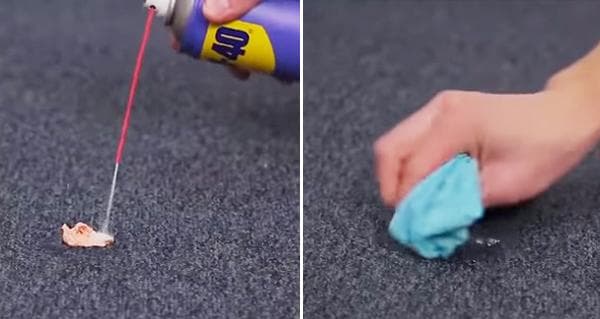 Kramtomosios gumos pašalinimas nuo kilimo naudojant WD-40