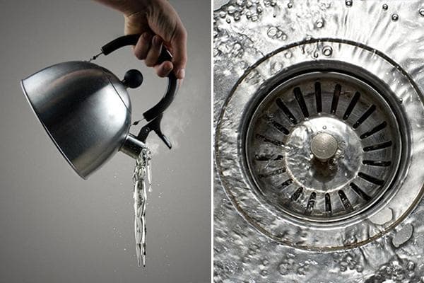 Užsikimšusios kriauklės išvalymas verdančiu vandeniu
