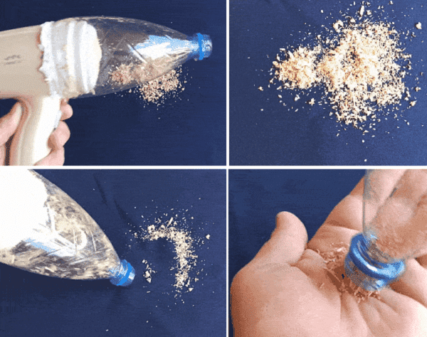 Dulkių siurblys pagamintas iš plaukų džiovintuvo ir plastikinio butelio
