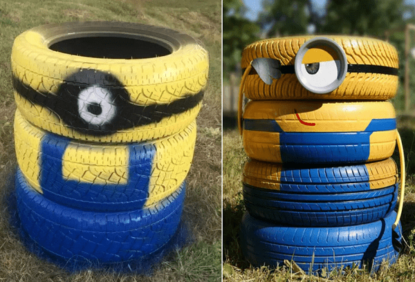 Iš senų padangų pagaminta šiukšlių dėžė