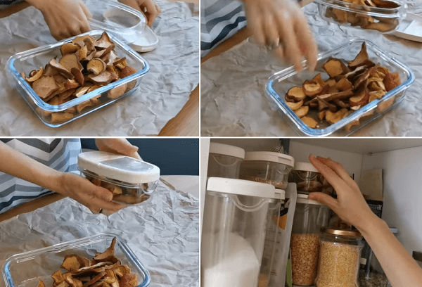 Džiovintų vaisių laikymas plastikiniame inde