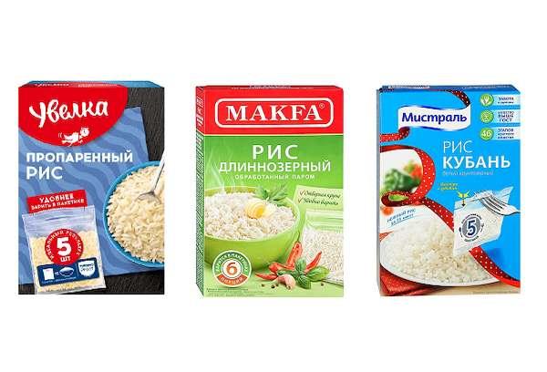 Supakuoti kelių rusiškų prekių ženklų ryžiai